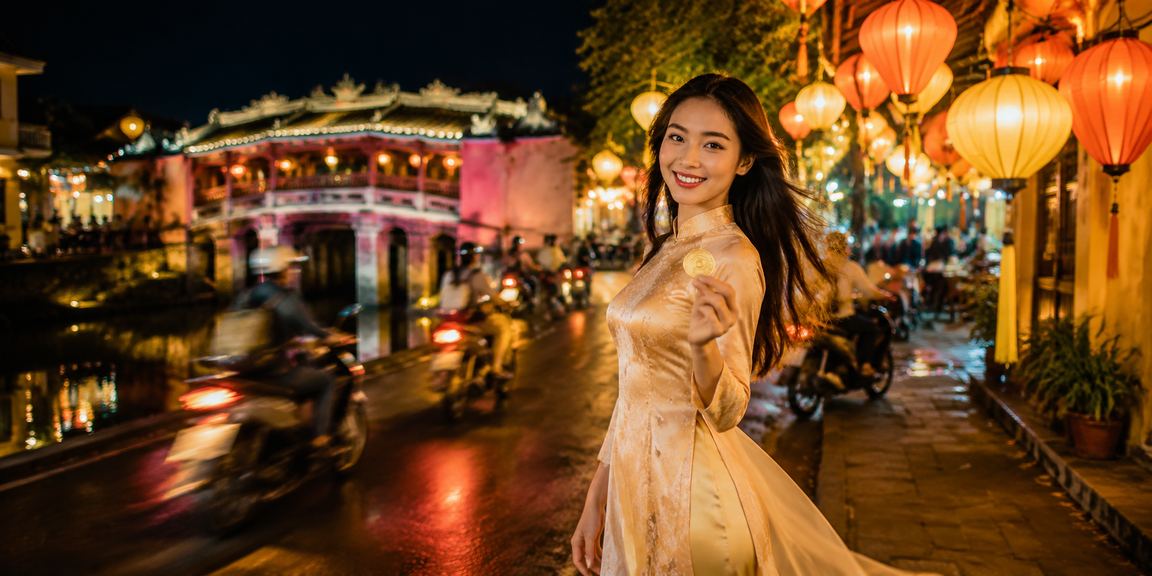 Cảnh chợ đêm Hội An lung linh với người chơi thưởng thức game bài trực tuyến trên di động